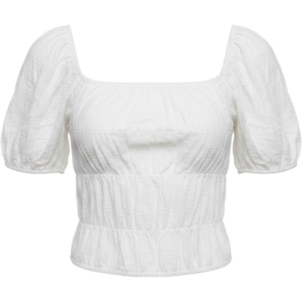 White‎ Smocked Puff Sleeve Crop Top Gauze Cotton Square Neck Large